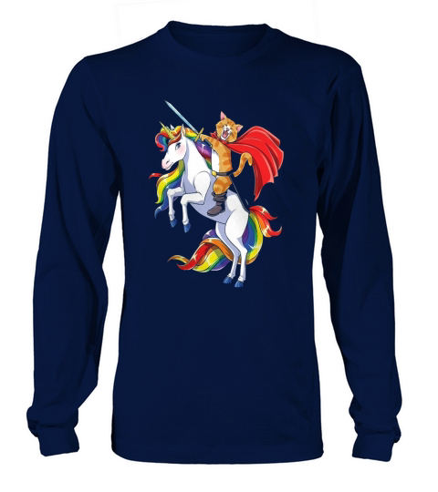 Cat Riding Unicorn T-shirt Funny Kitty Kitten Unicorns Gifts Long sleeved Unisex