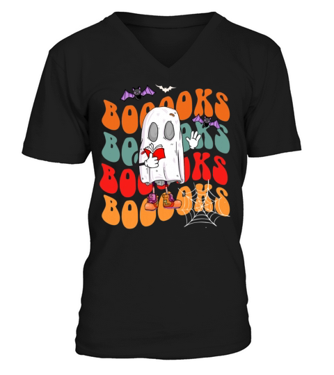 Booooks Groovy Cute Ghost Reading Book Halloween V-Neck T-shirt