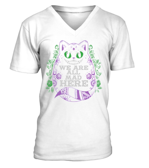 Calavera Cheshire Cat All Mad Here Alice In Wonderland Mens T-Shirt V-Neck T-shirt