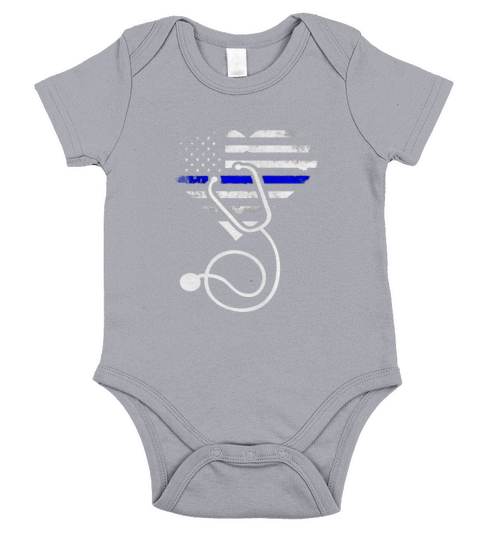 American Flag Heart with Police Thin Blue Line Nurse T-Shirt Short Sleeve Baby One-Piece