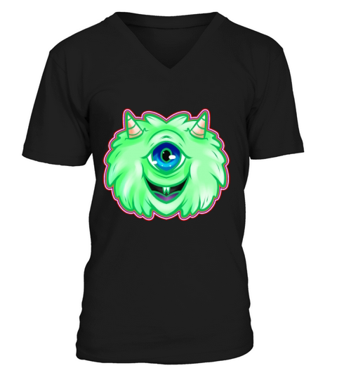 Fluffy Green One Eyed Monster With Horns Halloween V-Neck T-shirt