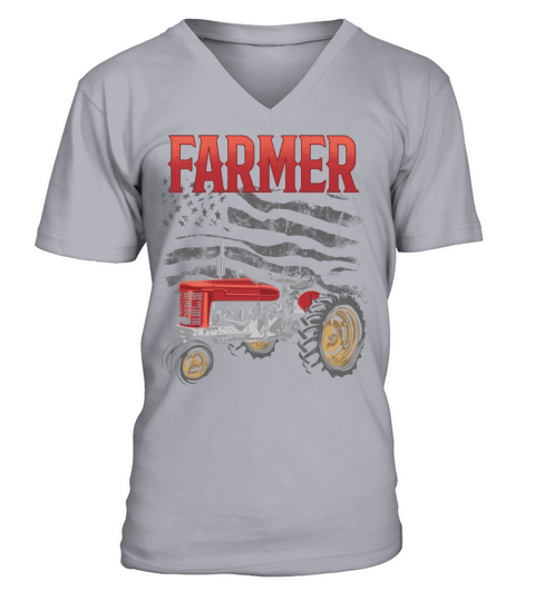 Vintage Farmer USA Flag Farm Barn Tractor Rancher V-Neck T-shirt