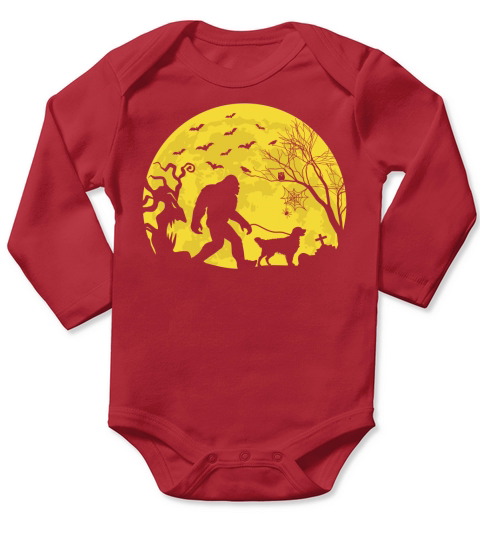 Bigfoot Walking Golden Retriever Funny Halloween Long Sleeve Baby One-Piece