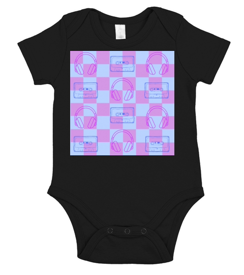 1980s Music Checkerboard - blue and purple Short Sleeve Baby One-Piece