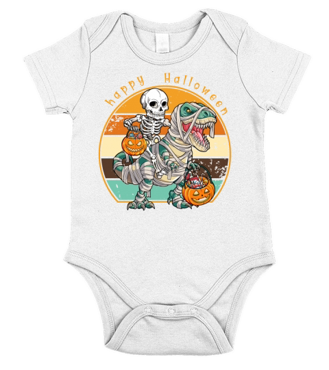 Happy Halloween Skeleton Riding Dinosaur Vintage Short Sleeve Baby One-Piece