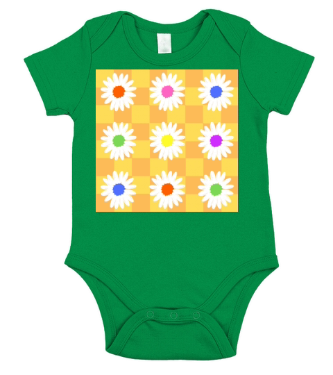 Retro Daisies - Orange and Yellow Checkerboard Short Sleeve Baby One-Piece