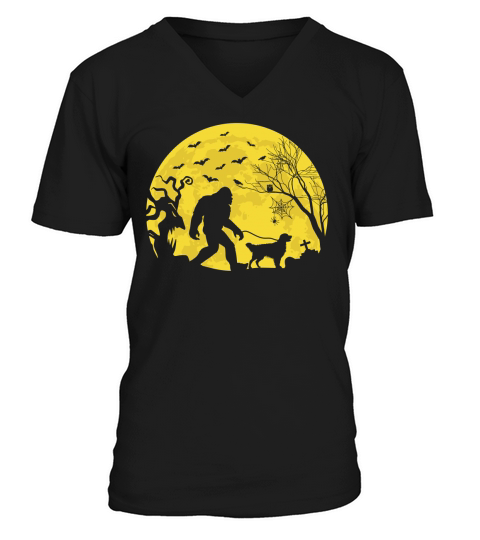 Bigfoot Walking Golden Retriever Funny Halloween V-Neck T-shirt
