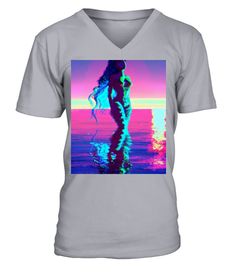 Mermaid Portrait Vaporwave Outrun 80s Reflecting V-Neck T-shirt