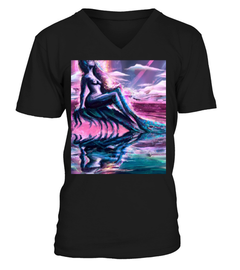 Mermaid Portrait Vaporwave Outrun 80s Reflecting V-Neck T-shirt