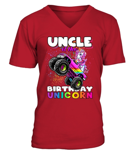 Uncle of the Birthday Unicorn Monster Truck V-Neck T-shirt