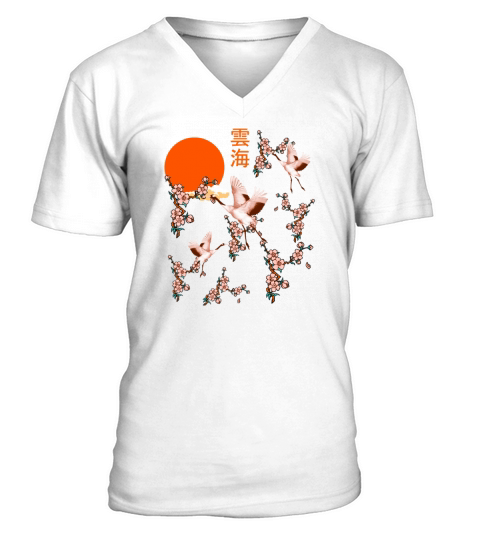 Japanese sea of clouds with a swan and sun V-Neck T-shirt