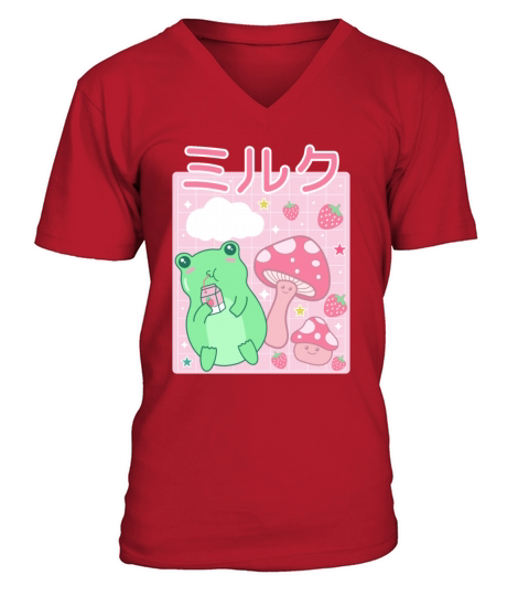 Kawaii Frog Japanese Cottagecore Mushroom V-Neck T-shirt