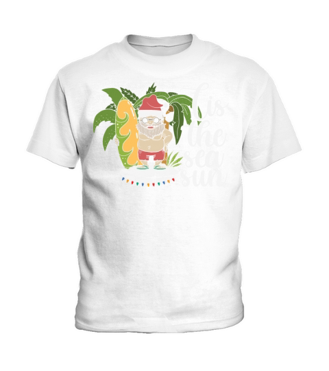 Tis the seas sun funny beach santa with surfboard Kids T-Shirt