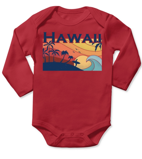 Hawaii Surfer - Sunset - Palm Trees Retro Vintage Long Sleeve Baby One-Piece