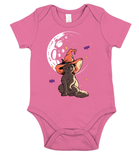 Witchy Cat On Moon For Halloween Trick Or Treat Short Sleeve Baby One-Piece