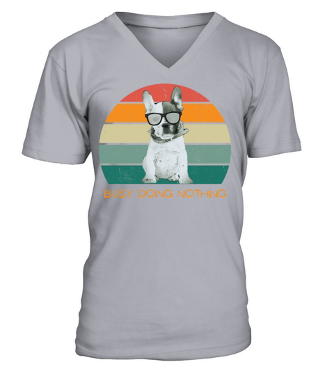 Busy doing nothing - sunset retro gray dog wearing V-Neck T-shirt