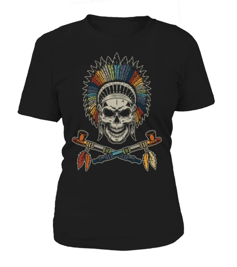 Retro Native American Chief Skull Traditional Pipe Women's T-Shirt