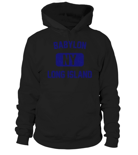 Babylon Long Island NY Distressed Print Retro Phys Ed Navy Blue Print Hoodie Unisex