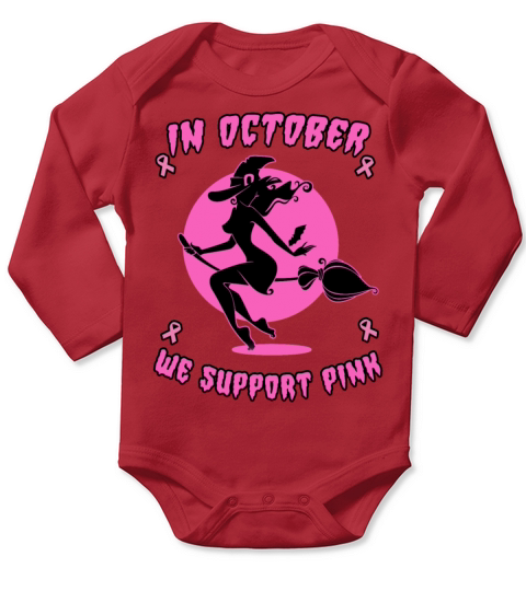 In October We Support Pink Halloween Witch Design Long Sleeve Baby One-Piece