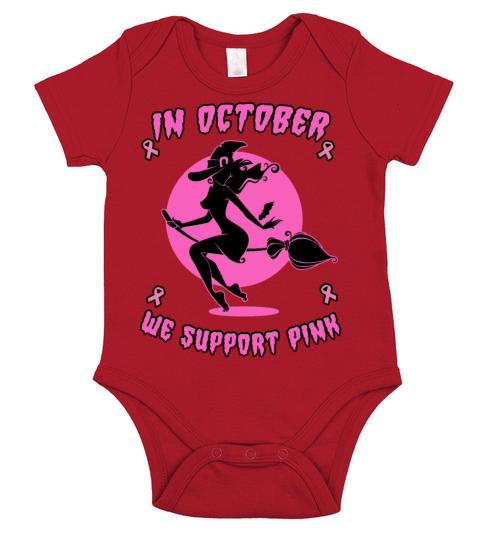 In October We Support Pink Halloween Witch Design Short Sleeve Baby One-Piece