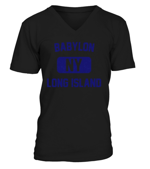 Babylon Long Island NY Distressed Print Retro Phys Ed Navy Blue Print V-Neck T-shirt