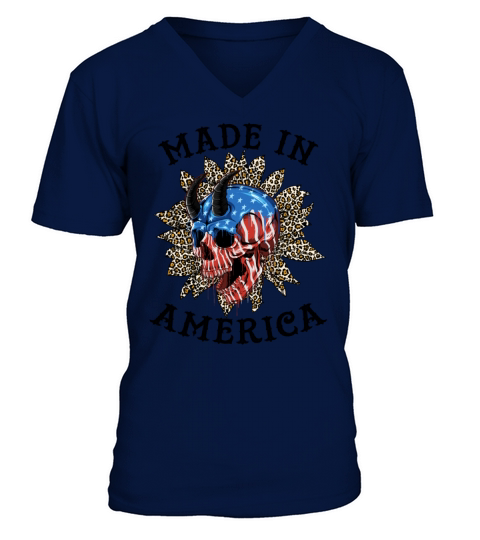 Skull Made In America Funny 4th of July V-Neck T-shirt