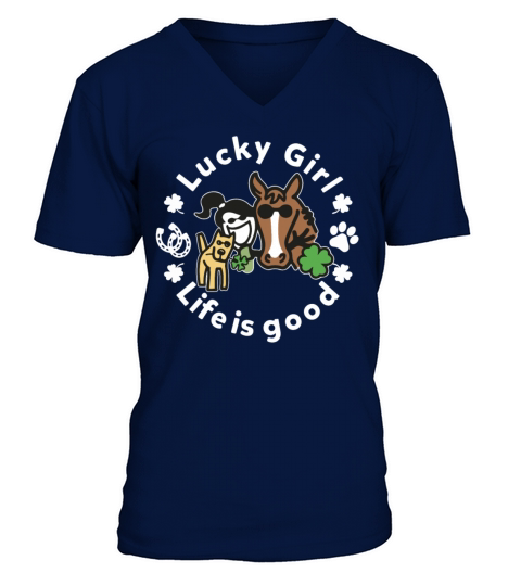 Lucky Girl Horse Riding And Dog Lover Funny V-Neck T-shirt