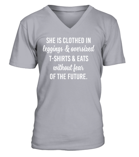 She Is Clothed In Leggings Oversized T Shirt Eats V-Neck T-shirt