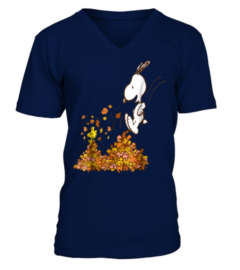 Peanuts Snoopy Jumping Into leaf Autumn V-Neck T-shirt