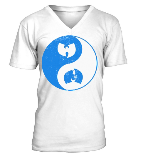 yin and yang wutang white and light blue V-Neck T-shirt