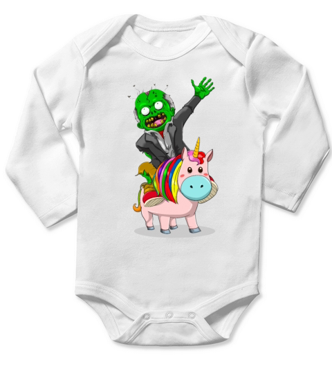 A green Zombie is riding a cute pink Unicorn for Long Sleeve Baby One-Piece