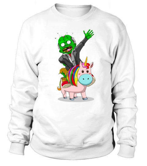 A green Zombie is riding a cute pink Unicorn for Sweatshirt Unisex