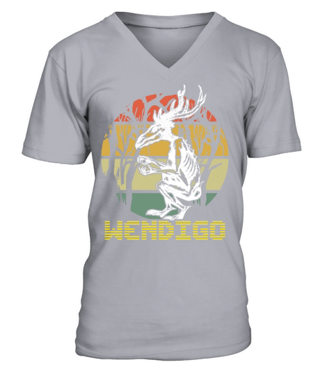 Vintage Folk Wendigo Halloween Cryptid Monster V-Neck T-shirt