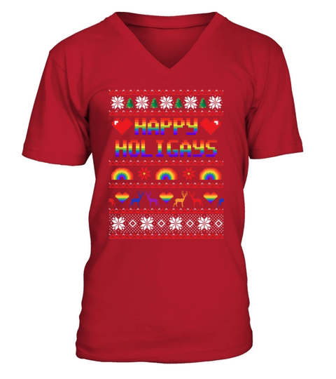 Happy Holigays Funny Ugly Christmas Sweater LGBT V-Neck T-shirt