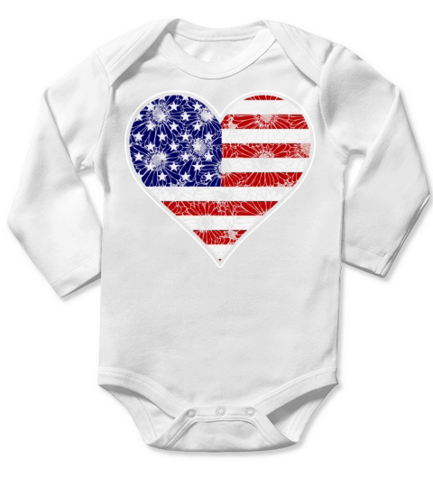US Patriotic Heart with US FLAG 4th of july Long Sleeve Baby One-Piece
