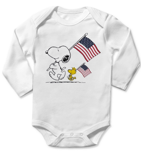 Snoopy and Woodstock holding American flag 4th of july shirtn Long Sleeve Baby One-Piece