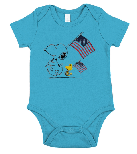 Snoopy and Woodstock holding American flag 4th of july shirtn Short Sleeve Baby One-Piece