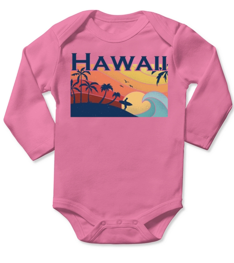 Hawaii Surfer - Sunset - Palm Trees Retro Vintage Long Sleeve Baby One-Piece