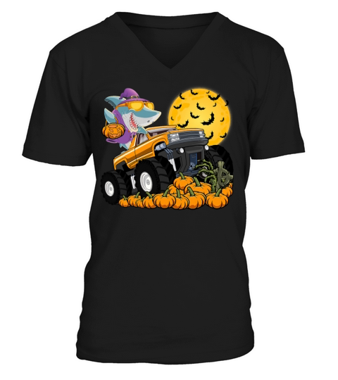 Shark On Monster Truck Halloween Funny V-Neck T-shirt