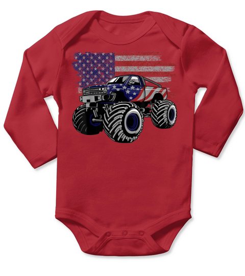 American Flag Monster Truck Lovers 4th Of July Long Sleeve Baby One-Piece
