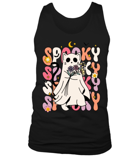 Groovy Floral Spooky Black Cat Ghost Halloween Tank Top Unisex