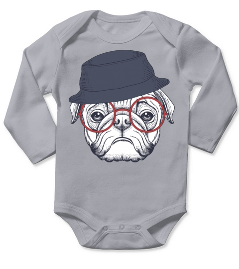 Pug Dog Wearing a Red Glasses and Bucket Hat Long Sleeve Baby One-Piece