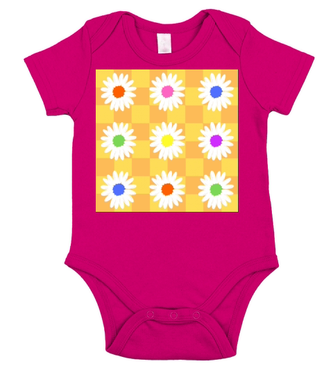 Retro Daisies - Orange and Yellow Checkerboard Short Sleeve Baby One-Piece