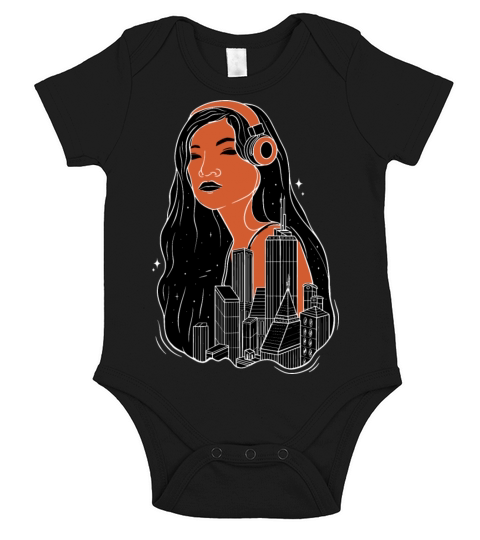 Girl with headphones city night lights dreaming Gi Short Sleeve Baby One-Piece
