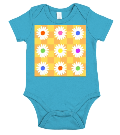 Retro Daisies - Orange and Yellow Checkerboard Short Sleeve Baby One-Piece