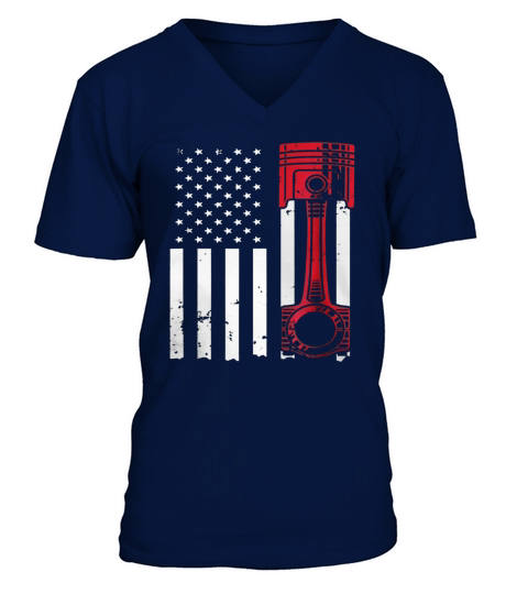 American Flag Piston Muscle Car V-Neck T-shirt