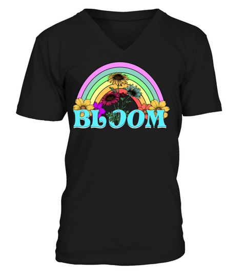 Bloom - Rainbow And Flowers Vintage Retro Encourag V-Neck T-shirt