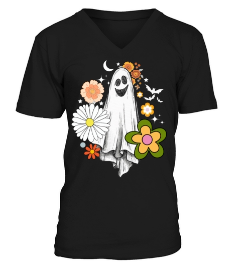 Vintage Floral Ghost Cute Halloween Costume Funny V-Neck T-shirt