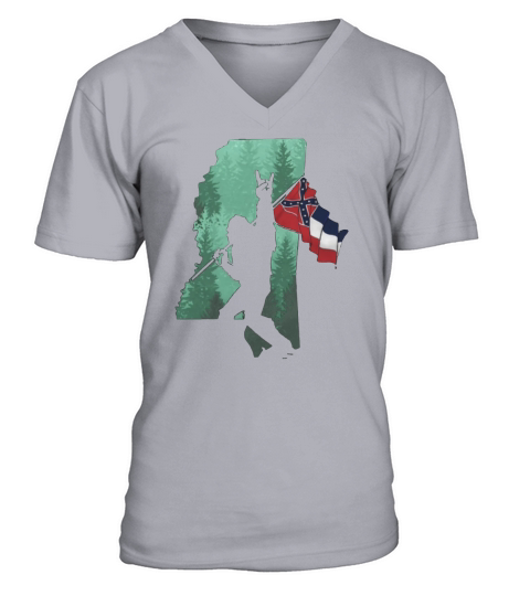 Bigfoot Rock And Roll Mississippi Flag In The Forest V-Neck T-shirt