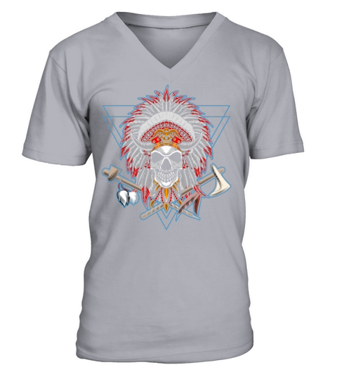 Native American Chief Skull Axe V-Neck T-shirt